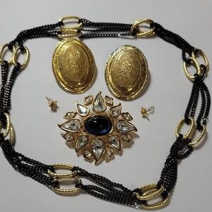 Gold-Tone Black and Clear Statement Necklace Set